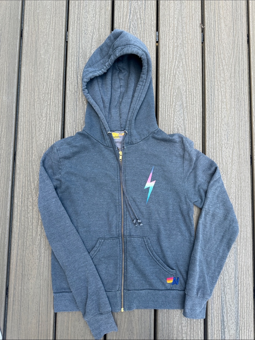 Aviator Nation Heather Charcoal Zip Hoodie with Lightning Bolt Size XS